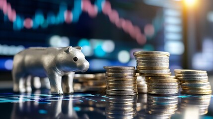Aufkleber - A miniature silver piggy bank placed among stacks of coins and digital graph portraying financial growth and savings : Generative AI
