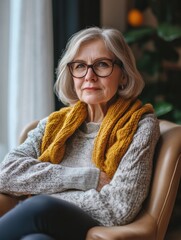 Poster - Elderly woman in cozy sweater and scarf relaxing in chair by window in a modern living room with plants. Generative AI