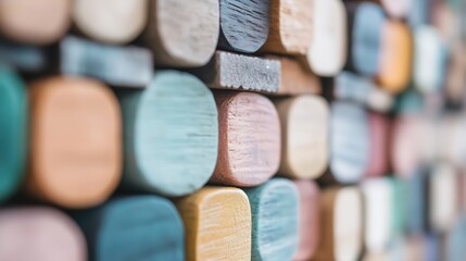 Fototapete - Colorful wooden blocks arranged in an artistic pattern showcasing surface textures and finishes : Generative AI