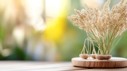 Poster - A minimalist arrangement of dried floral branches displayed in wooden bowls on a rustic wooden surface : Generative AI