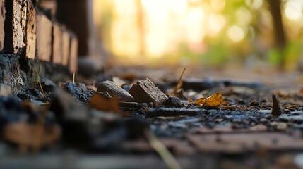 Fototapete - Close up view of rough stones and dry leaves on a blurred background during sunset : Generative AI
