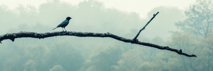 Fototapete - Lone bird resting on a dry tree branch amidst a misty forest backdrop perfect for contemplation. Generative AI