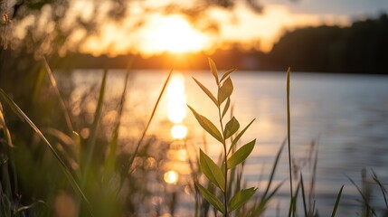 Aufkleber - Close up view of a green plant with sunlight reflection on the water surface during sunset : Generative AI