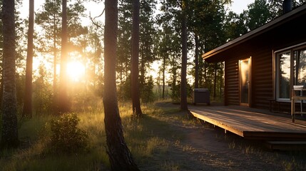 Aufkleber - Charming wooden cabin nestled among trees with a warm sunlight glow creating a cozy atmosphere in nature : Generative AI