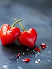 Poster - Two vibrant red heartshaped tomatoes placed on a dark surface with scattered salt flakes : Generative AI