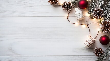 Poster - Festive holiday decoration with Christmas ornaments and pine cones arranged on a rustic wooden surface : Generative AI
