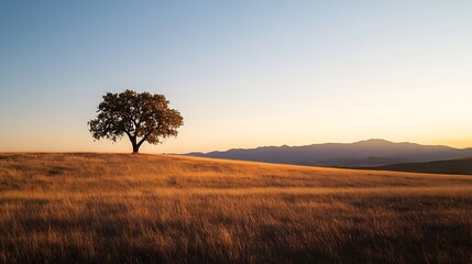 Aufkleber - Majestic solitary tree standing strong in a golden grass field surrounded by rolling hills at sunset : Generative AI