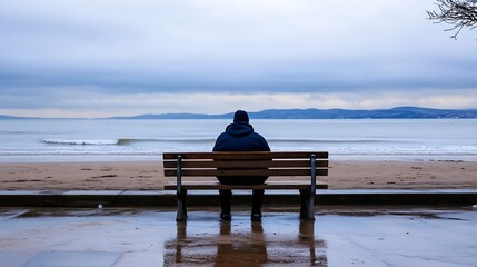 Wall Mural - A solitary figure sitting on a bench overlooking the tranquil beach with gentle waves and cloudy sky : Generative AI