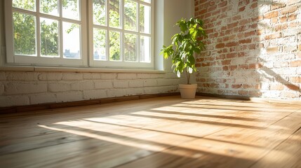 Wall Mural - Digital detox promotes relaxation and the power to unplug. Bright interior with wooden floor, windows, and a potted plant.