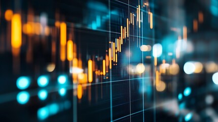 Fototapete - Dynamic stock market graph with glowing data points and rising trends on a digital screen : Generative AI