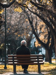 Poster - Elderly man sitting alone on a bench in a park surrounded by autumn trees during late afternoon sunlight. Generative AI
