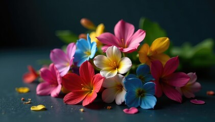 Wall Mural - Small bunch of multicolored flowers placed on a dark surface, small, multicolored