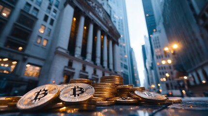 Aufkleber - Stack of shiny gold Bitcoin coins on a city street with skyscrapers in the background reflecting morning light : Generative AI