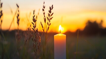Poster - Peaceful Candle Flame Glowing Among Tall Grass at Sunset Creating a Soft Ambiance : Generative AI
