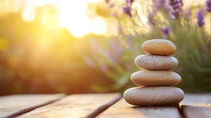 Aufkleber - Stack of Smooth Stones with Lavender in a Peaceful Outdoor Setting at Sunset : Generative AI