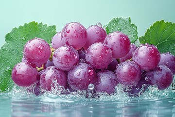 Wall Mural - A vibrant cluster of red grapes glistens with fresh water droplets surrounded by lush green leaves against a cool backdrop