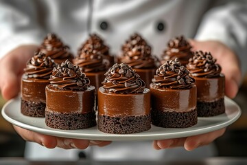 Wall Mural - Chef presenting mini chocolate cakes on a plate Delicious dessert with chocolate frosting and mini chocolate chips Perfect for sweet treat lovers