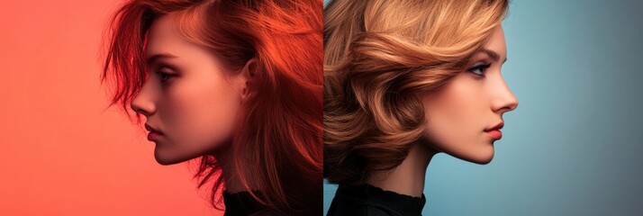 Poster - Transformation of hairstyle showcasing two contrasting styles in a studio setting. Generative AI