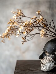 Aufkleber - Artistic Still Life with a Skull Planter Holding Delicate Flowers Against a Minimalistic Background : Generative AI