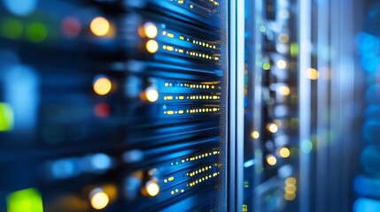 Fototapete - Close up of bright data center server racks filled with blinking lights and storage units functioning efficiently : Generative AI
