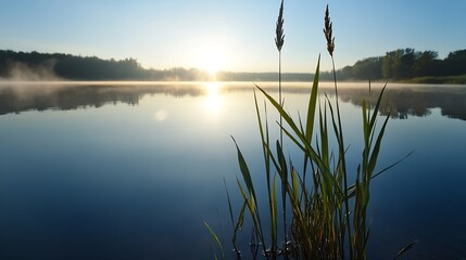 Aufkleber - Serene sunrise reflection over calm lake with reeds capturing the tranquility of nature : Generative AI
