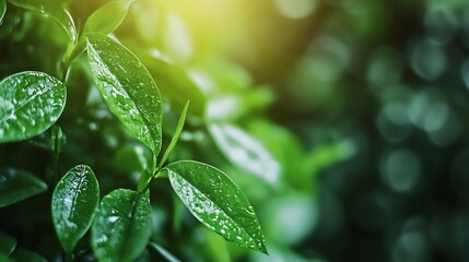 Poster - Fresh green leaves glistening with rain droplets in a lush natural setting under soft sunlight : Generative AI