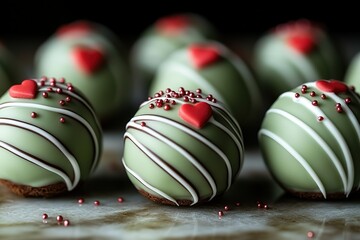 Wall Mural - Elegant green dessert balls with stripes red hearts and sprinkles creating a romantic treat