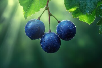 Wall Mural - Dew-kissed blueberries gleam in soft light nature's juicy jewels hanging from a branch A fresh vibrant still life evokes serenity