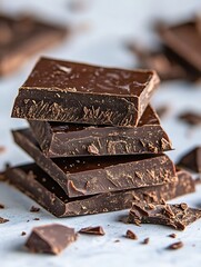 Aufkleber - Stack of Rich Dark Chocolate Bars on Light Surface with Cocoa Crumbles : Generative AI