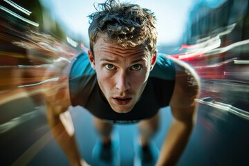 Poster - Runner prepares at the start line looking exhausted, then appears vigorous crossing finish line with energy on race day. Generative AI