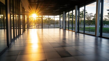 Aufkleber - Modern building interior with large glass windows highlighting sunset light rays : Generative AI
