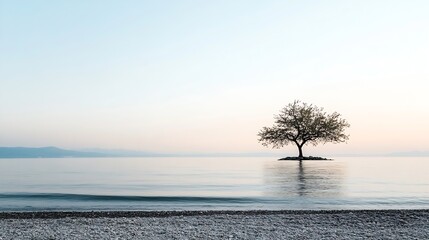 Aufkleber - Solitary Tree on Tranquil Shoreline with Calm Water Reflecting the Soft Evening Light : Generative AI
