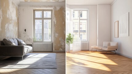 Aufkleber - Transformation of a run down apartment into a modern, stylish living space with bright interiors and elegant design. Generative AI