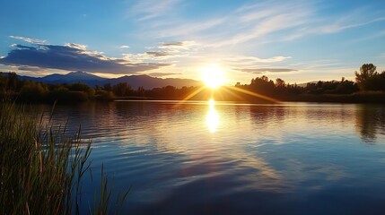 Aufkleber - Breathtaking sunset over a river with orange and blue hues reflecting on the water surface : Generative AI