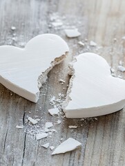 Poster - Broken white heart shaped pieces symbolizing love lost and the emotion of heartbreak on wooden background : Generative AI