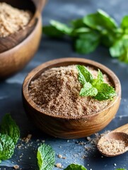 Poster - Brown sugar in a wooden bowl garnished with fresh mint leaves resting on a dark rustic surface : Generative AI