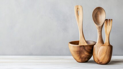Aufkleber - Wooden cooking utensils display in rustic setting with soft natural light and neutral background : Generative AI