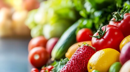 Poster - Colorful assortment of fresh vegetables and fruits arranged beautifully on a kitchen counter : Generative AI