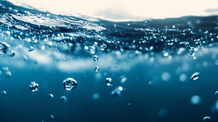 Fototapete - Underwater closeup photography showcasing the bubbles and ripples created by movement in the deep blue ocean water : Generative AI