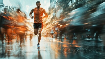 Poster - Runner transforms from tired to victorious across a lively city finish line with high energy motion blur effect. Generative AI