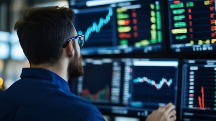 Fototapete - Professional male trader analyzing market trends on multiple screens with interactive financial graphs and data : Generative AI