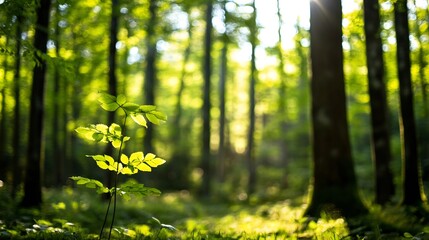 Aufkleber - Beautiful sunlit forest scene showcasing vibrant greenery and a small plant thriving in nature : Generative AI