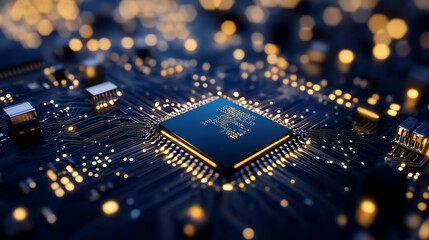 Fototapete - Futuristic Closeup of a Microchip Displaying Bright Lights and Complex Circuitry in a HighTech Environment : Generative AI