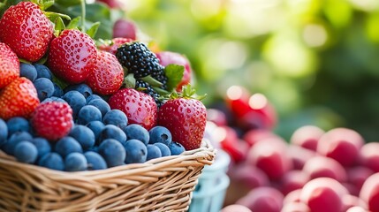 Poster - Colorful assortment of fresh berries in a rustic basket highlighting nature's bounty in a farmer's market : Generative AI