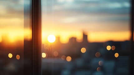 Fototapete - Beautiful sunset overlooking a city skyline with warm tones and a bokeh effect : Generative AI