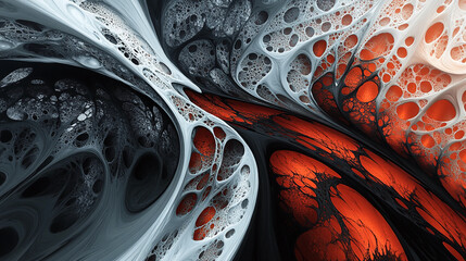 Wall Mural - Abstract fractal pattern of black, white, and red fluid-like shapes, showcasing intricate design with a blend of organic and digital elements, symbolizing complexity and motion.