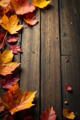 Wall Mural - Wooden table with scattered leaves and autumn colors, autumn, fall, wood