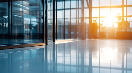 Poster - Modern office interior with reflective surfaces and large windows showcasing a bright sunrise ambiance : Generative AI