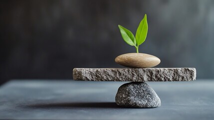 Poster - Balanced stones with green leaves for harmony and tranquility in modern decor : Generative AI