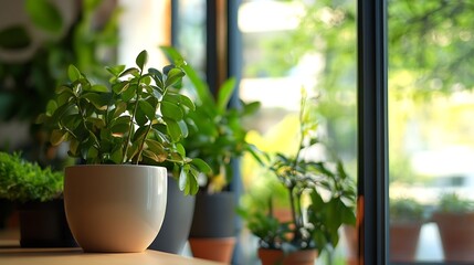 Poster - Vibrant indoor garden filled with various houseplants and sunlight streaming through large windows : Generative AI